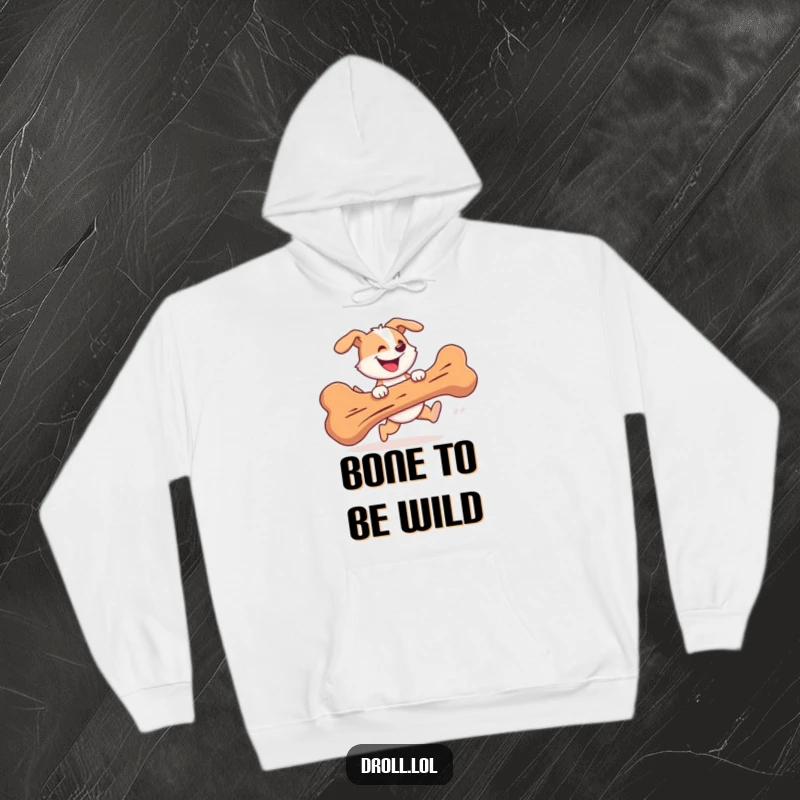 Funny Hoodie featuring a cheerful dog gleefully chasing a giant bone, combining warmth and humor.