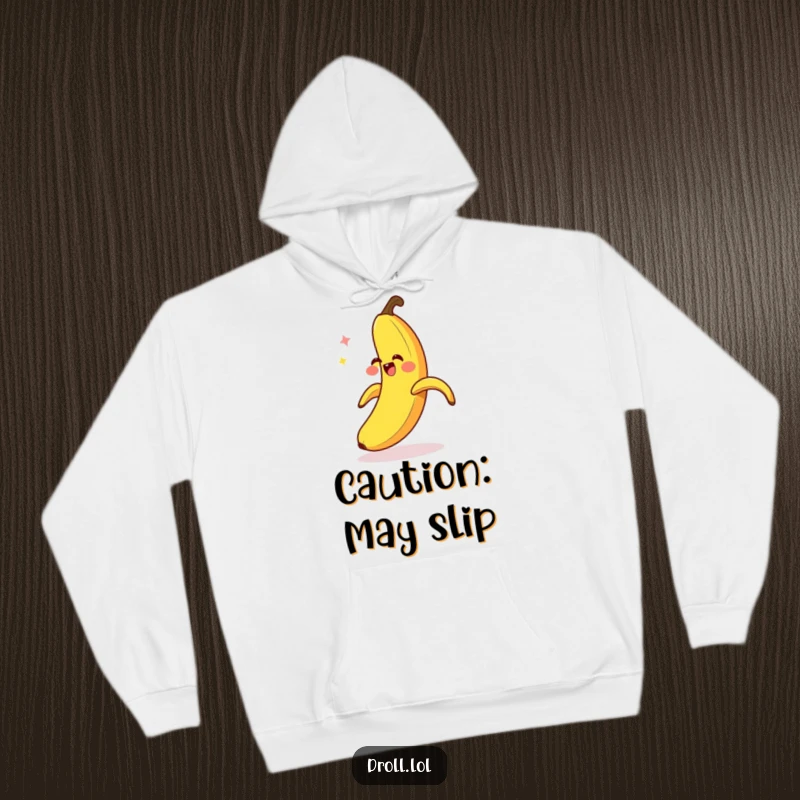 Funny Banana Slip Hoodie: A giggling banana peel comically slips on itself, a hilarious moment on a comfortable hoodie.