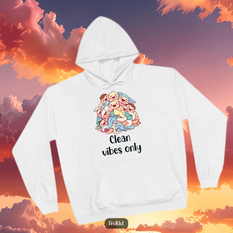 Funny laundry pile hoodie design featuring a pile of happy, clean laundry tumbling with smiles, offering cozy comfort.