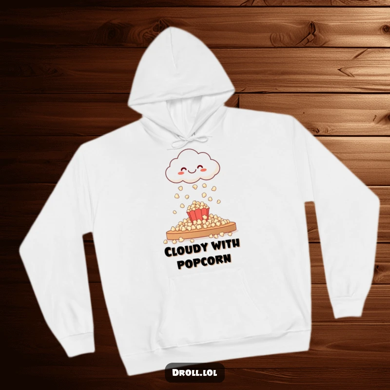 Funny hoodie design: a smiling cloud showering popcorn, creating a whimsical and comforting scene perfect for relaxation.