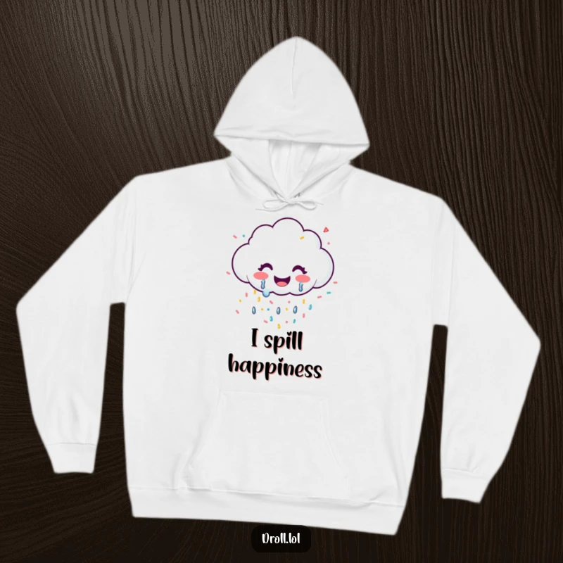 Funny hoodie featuring a smiling cloud joyfully raining confetti, providing warmth and happiness.