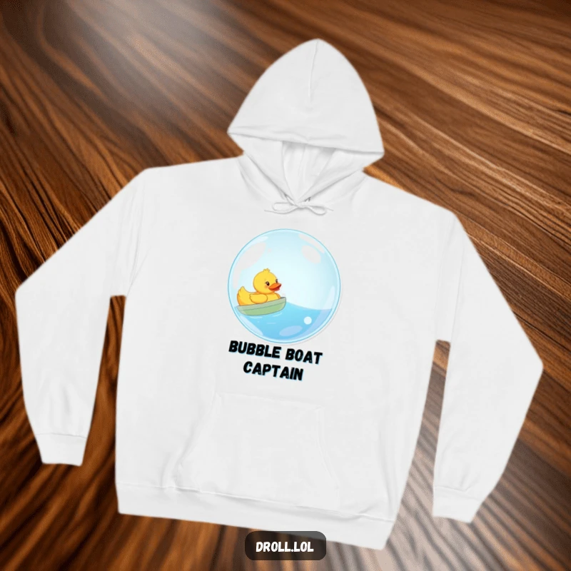 Funny hoodie design: a happy rubber duck floating serenely inside a large, iridescent bubble, embodying playful adventure.