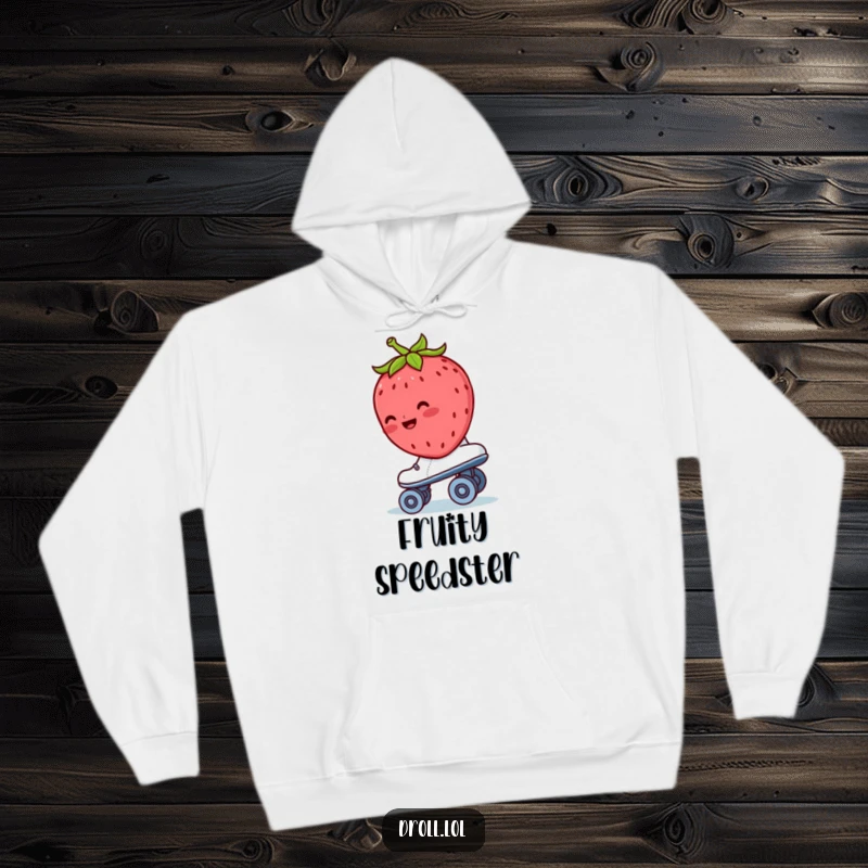Funny strawberry hoodie featuring a blushing strawberry riding backwards on a roller skate, perfect for cozy, fun days.