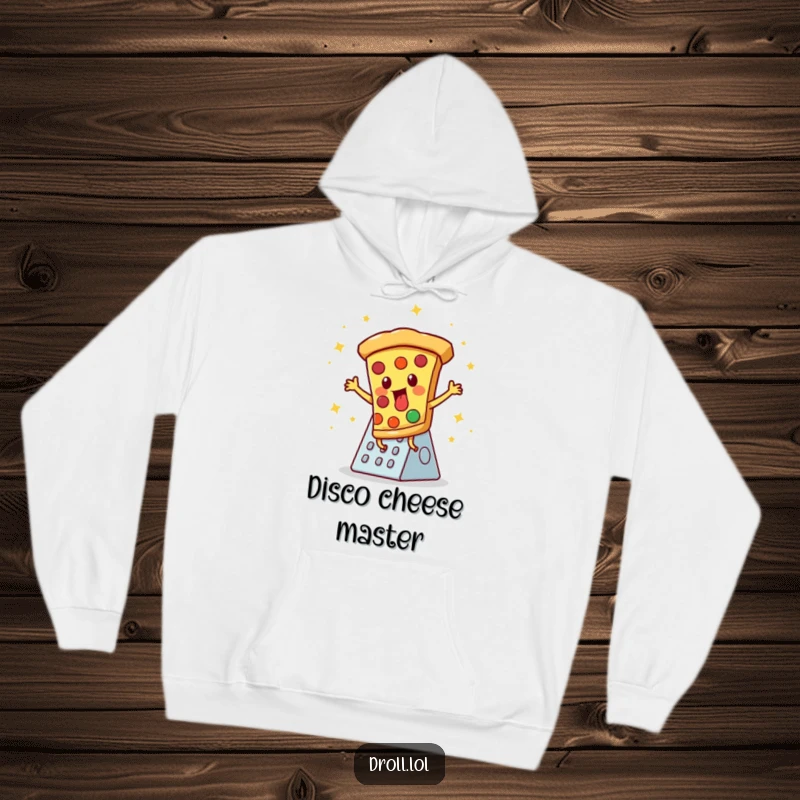 Funny hoodie: A pizza slice doing a vibrant disco dance on a cheese grater, offering warm, humorous style.