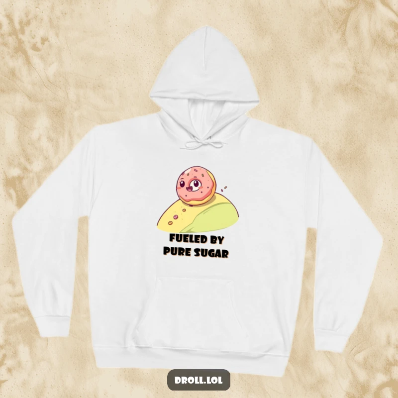 Funny hoodie showcasing a happy jelly donut rolling downhill with glee, leaving a sugary trail, perfect for cozy, fun moments.