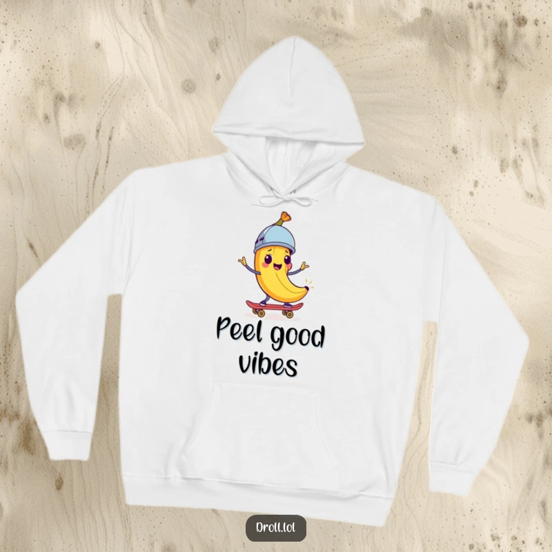 Funny Hoodie: A happy banana peel wearing a tiny helmet, riding a skateboard. Cozy and humorous adventure theme.