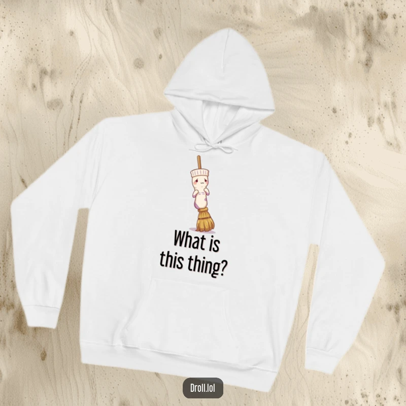 Funny hoodie featuring a confused sock attempting to wear a broom handle, a humorous and warm apparel choice.