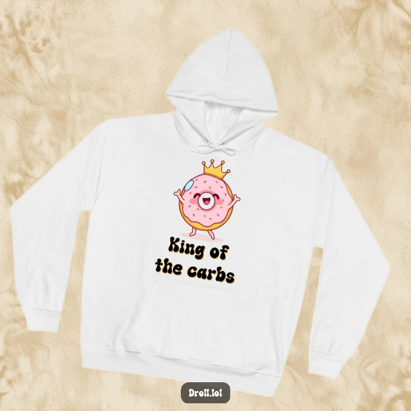 Funny cheerful donut wearing a tiny crown, performing a silly dance on a cozy hoodie. Sweet and comfortable.