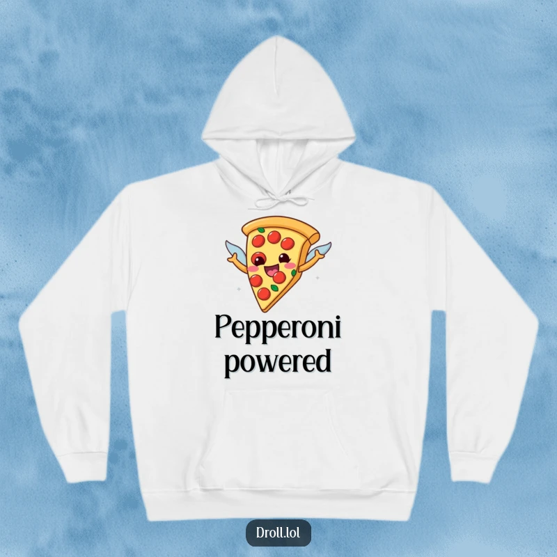 Funny happy pizza slice with pepperoni wings on a hoodie, showcasing a joyful and adventurous food character ready for flight.