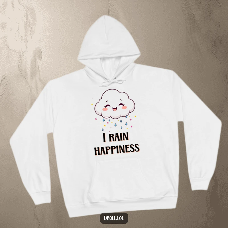 Funny happy cloud with a wide smile raining confetti, a cozy and humorous hoodie.