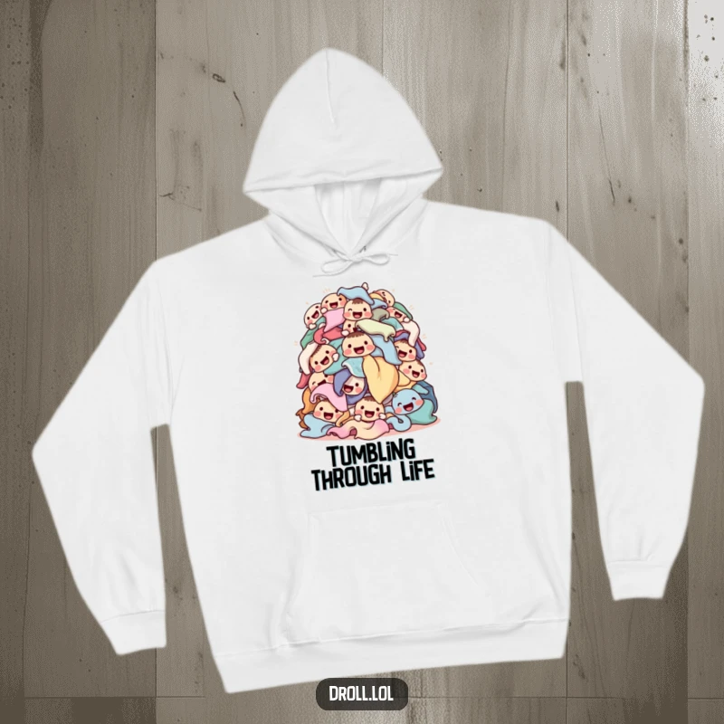 Funny laundry hoodie featuring a tumbling pile of happy-faced clothes, offering warmth and a cheerful reminder of laundry day joy.