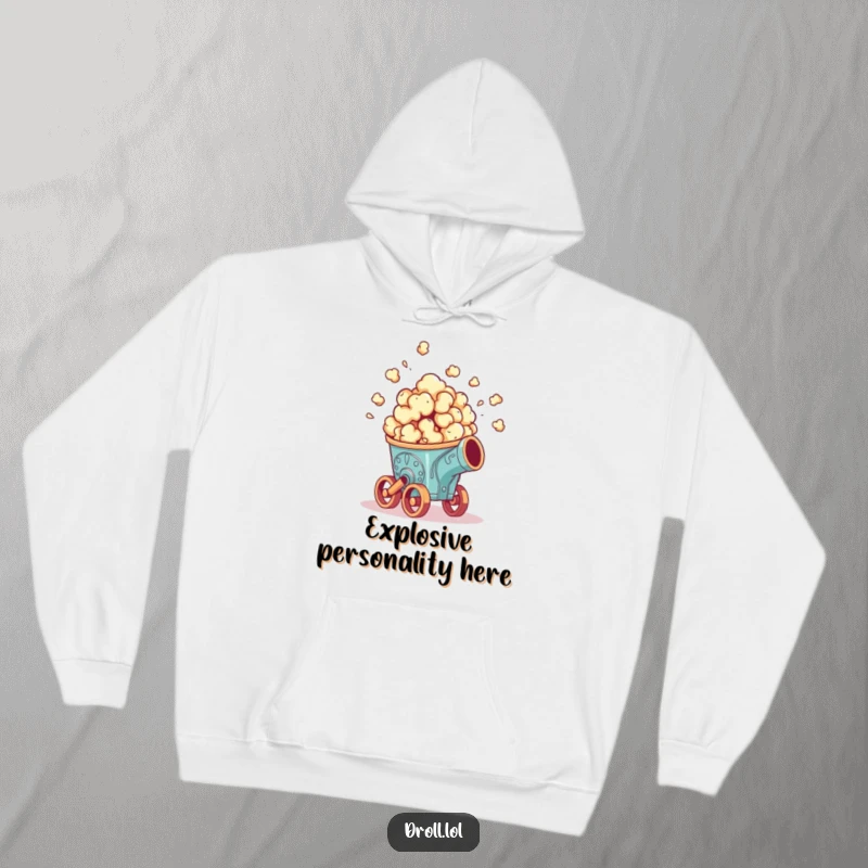 Funny hoodie: A piece of popcorn dramatically shooting out of a miniature, decorative cannon, symbolizing explosive fun.