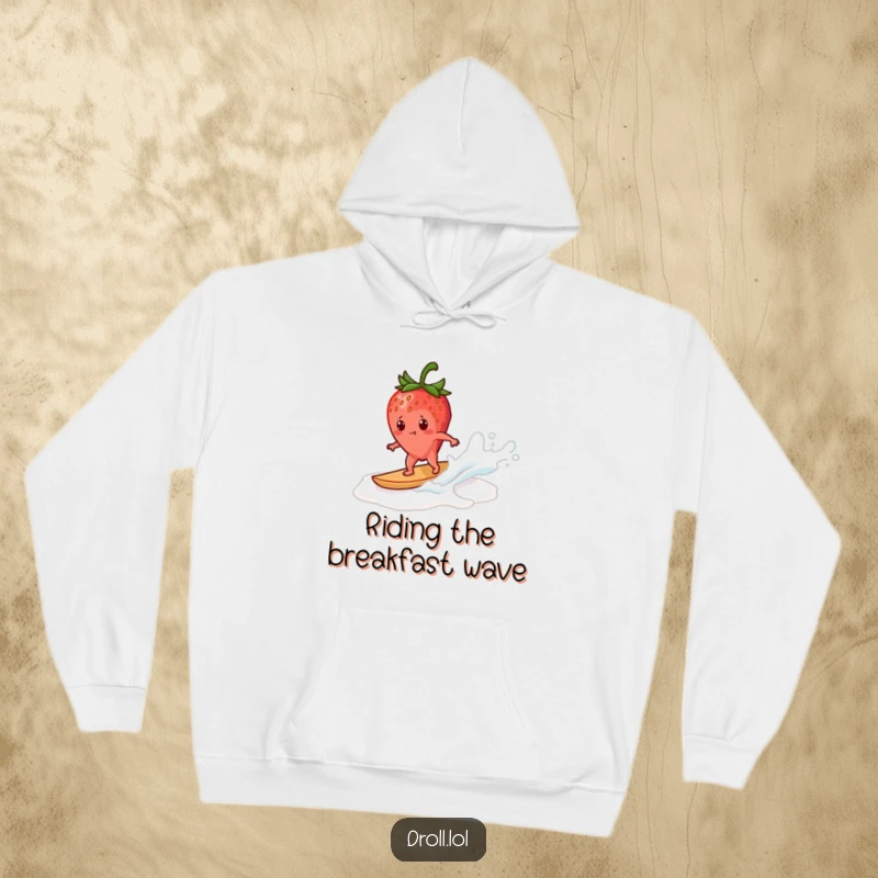 Funny strawberry hoodie featuring a determined strawberry surfing a milk wave, embodying courage and a fun-loving spirit during chilly weather.