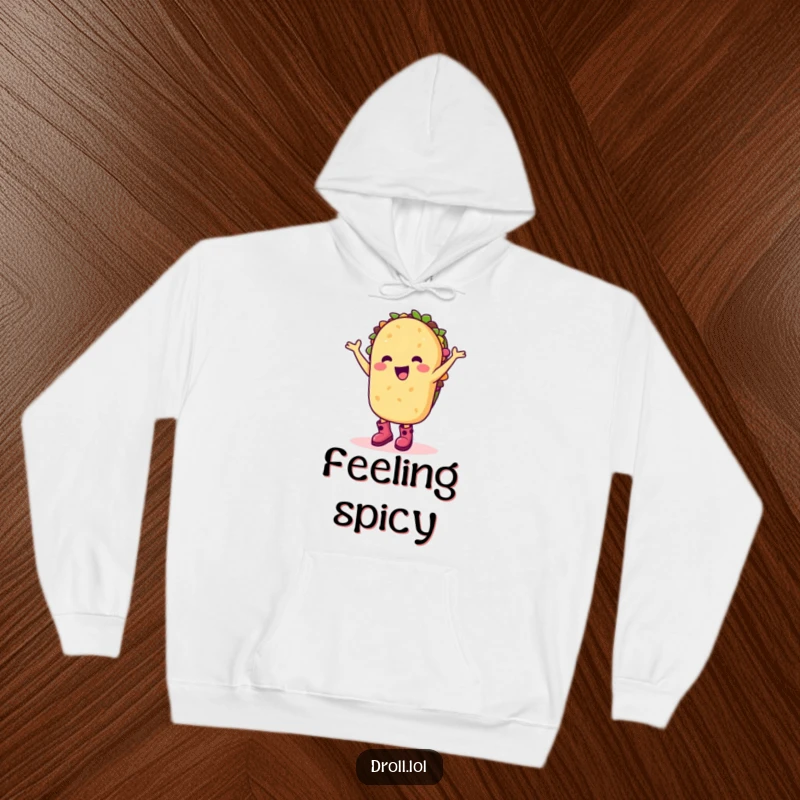 Funny hoodie with a happy taco character in boots doing a silly dance, perfect for cozy celebrations.