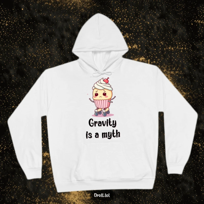 Funny hoodie featuring a bewildered cupcake wearing roller skates, on the verge of falling, perfect for comfort.