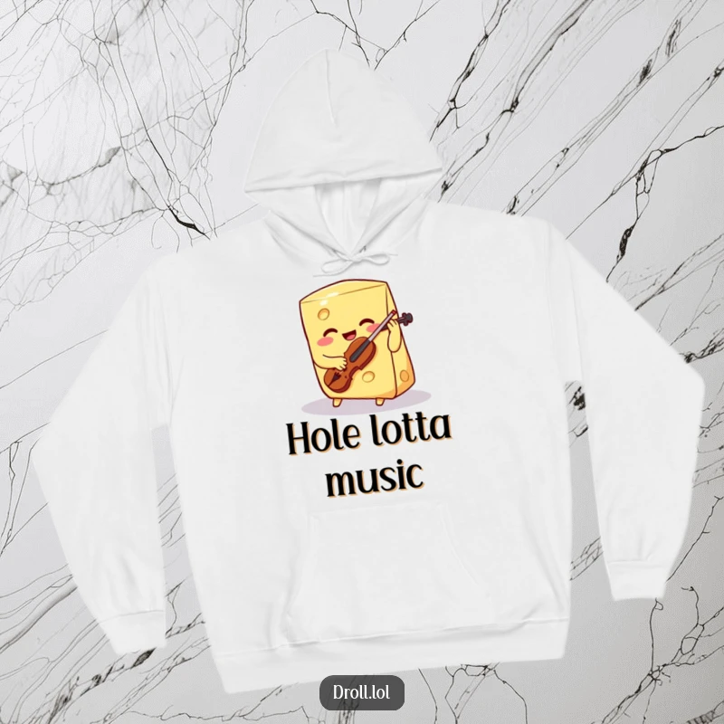 Funny smiling cheese wedge playing a tiny violin on a cozy hoodie, showcasing a humorous and artistic food character.