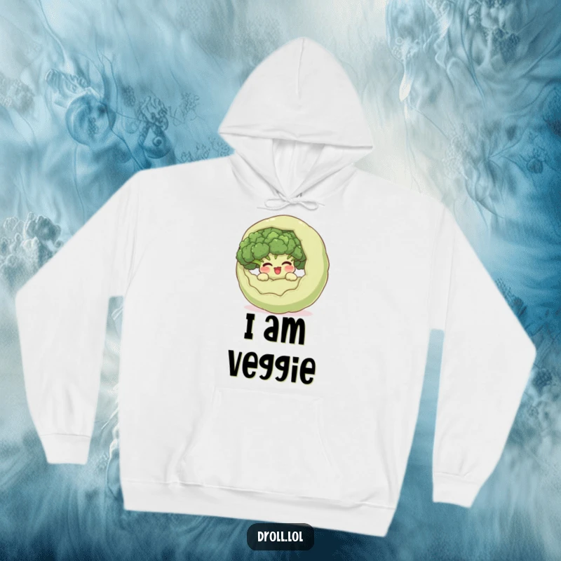 Funny giggling broccoli hiding inside a large, surprised vegetable on a cozy hoodie, showcasing a humorous and secretive food character.