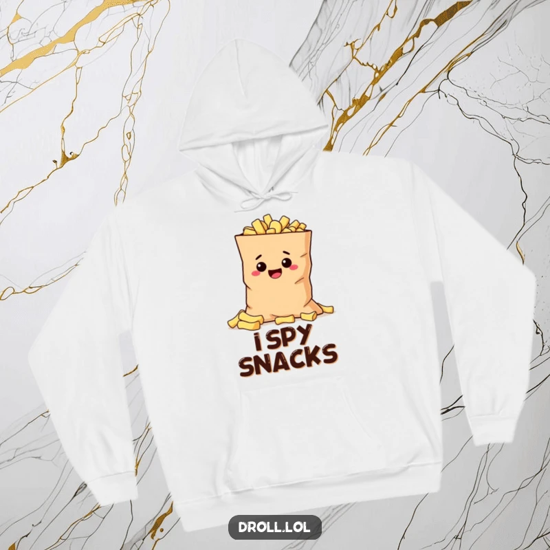 Funny mischievous potato hiding behind a giant bag of chips, depicted on a cozy and humorous hoodie.
