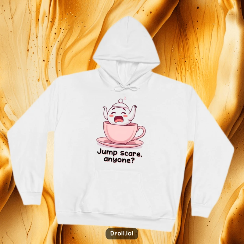 Funny Startled Teapot Hoodie: A surprised teapot character comically leaping from a teacup, offering warmth and a funny visual.