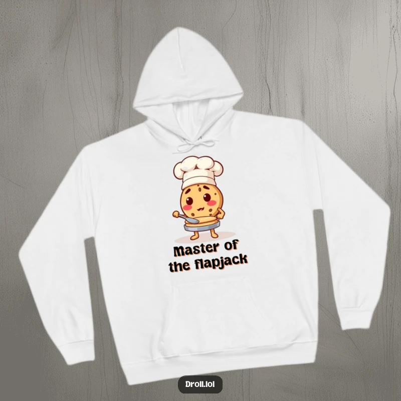Funny cookie chef wearing a hat, flipping pancakes, a cozy and humorous hoodie for food lovers.