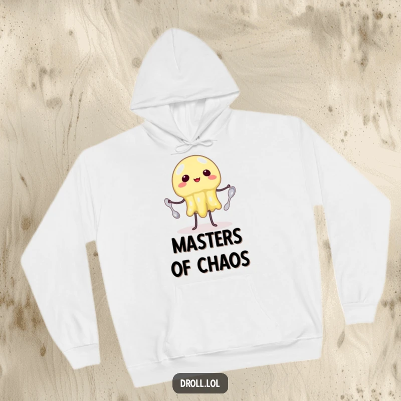 Funny Hoodie: A wobbly, colorful jelly trying its best to juggle three small spoons. Cozy and humorous design.