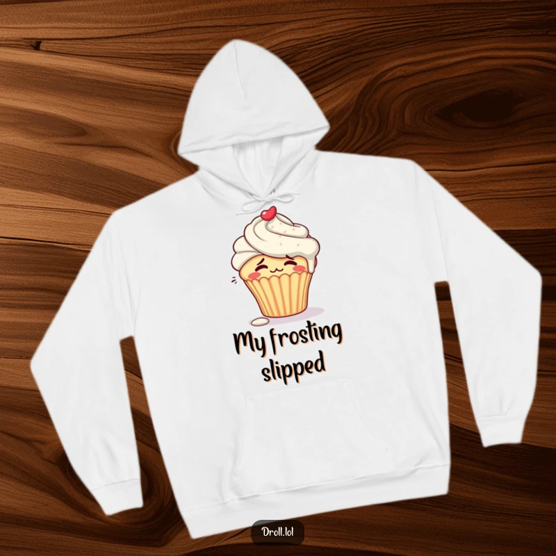 Funny embarrassed cupcake character blushing with frosting dripping down its side on a cozy hoodie.