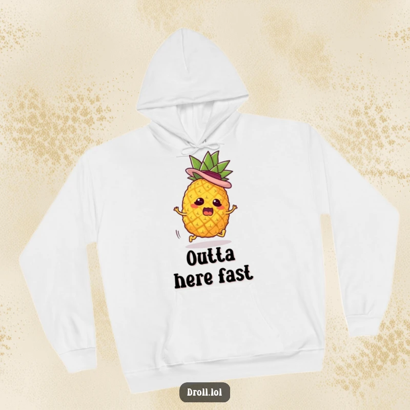 Funny hoodie depicting a pineapple character with tiny legs, a jaunty hat, and a panicked expression, running away from something unseen.