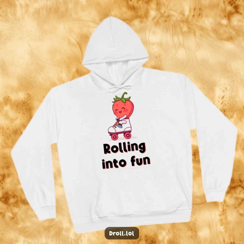 Funny Hoodie: A shyly blushing strawberry riding a roller skate backwards. Cozy and humorous retro design.