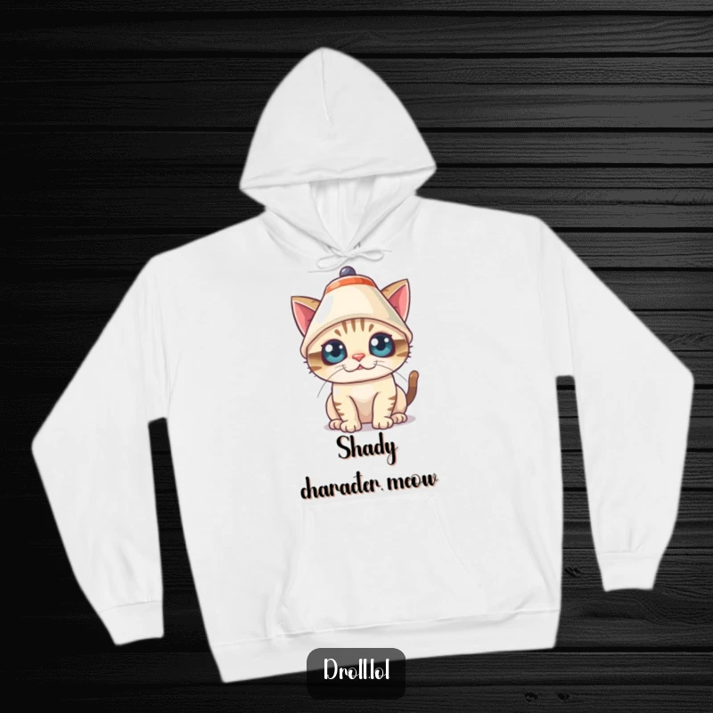 Funny Hoodie featuring a mischievous cat comically wearing a lampshade hat with wide eyes, combining warmth and humor.