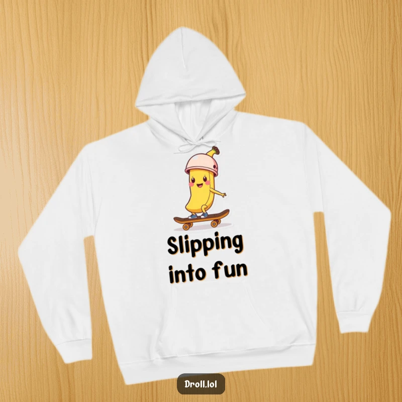 Funny Banana Skater Hoodie: A happy banana peel with a helmet cruises on a skateboard, bringing smiles and warmth together.