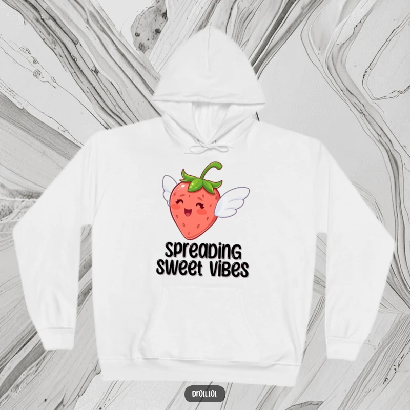 Funny hoodie featuring a delighted strawberry with tiny wings, looking eager to fly, perfect for comfort.