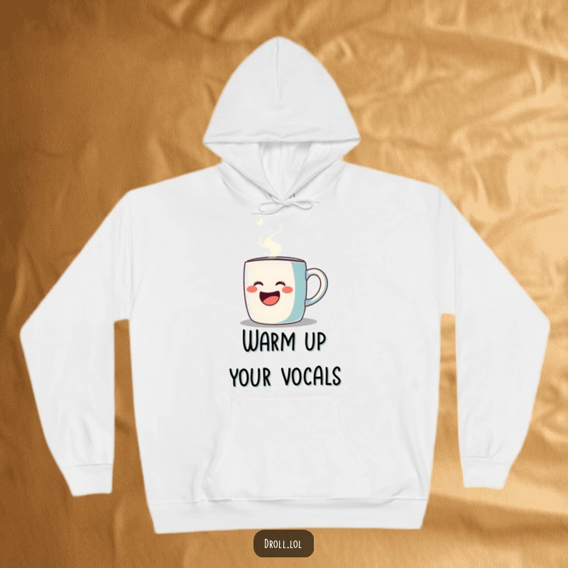 Funny hoodie featuring a coffee mug singing opera with steam, cozy and humorous winter wear design.