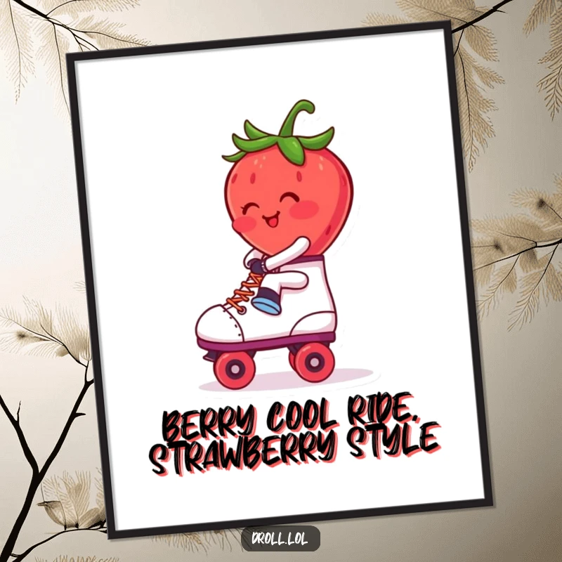 Funny Free Printable Wall Art: A blushing strawberry comically skates backward on roller skates, radiating playful energy.