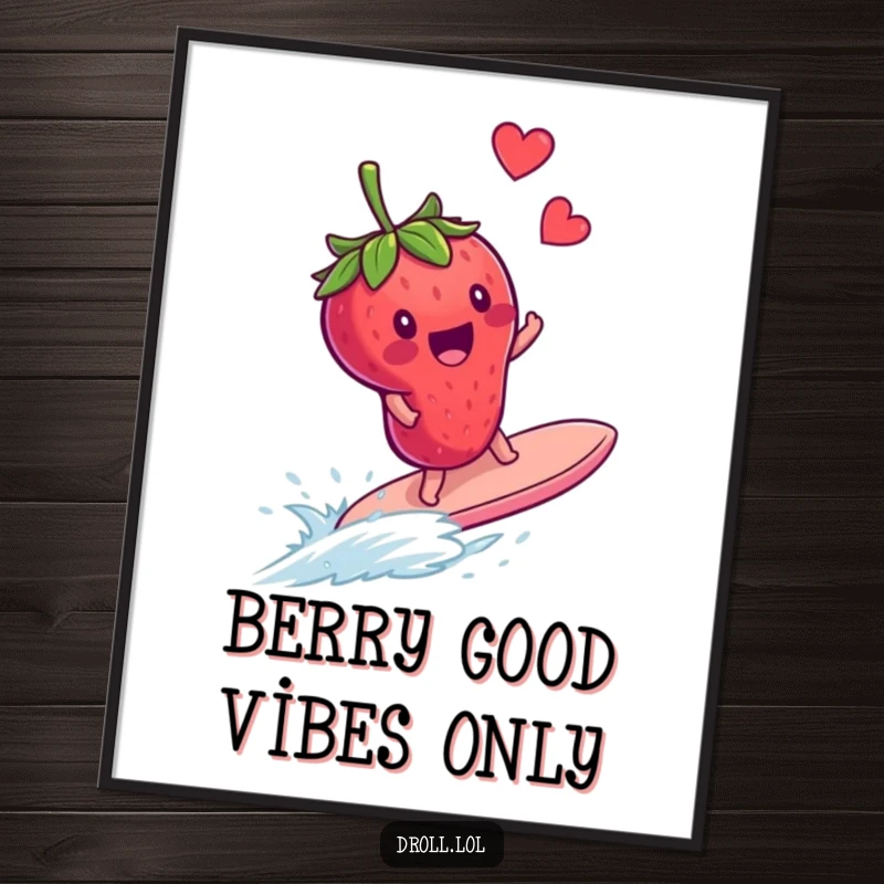 Funny Free Printable Wall Art: Delighted strawberry surfing a runaway blueberry, a whimsical fruit art piece.