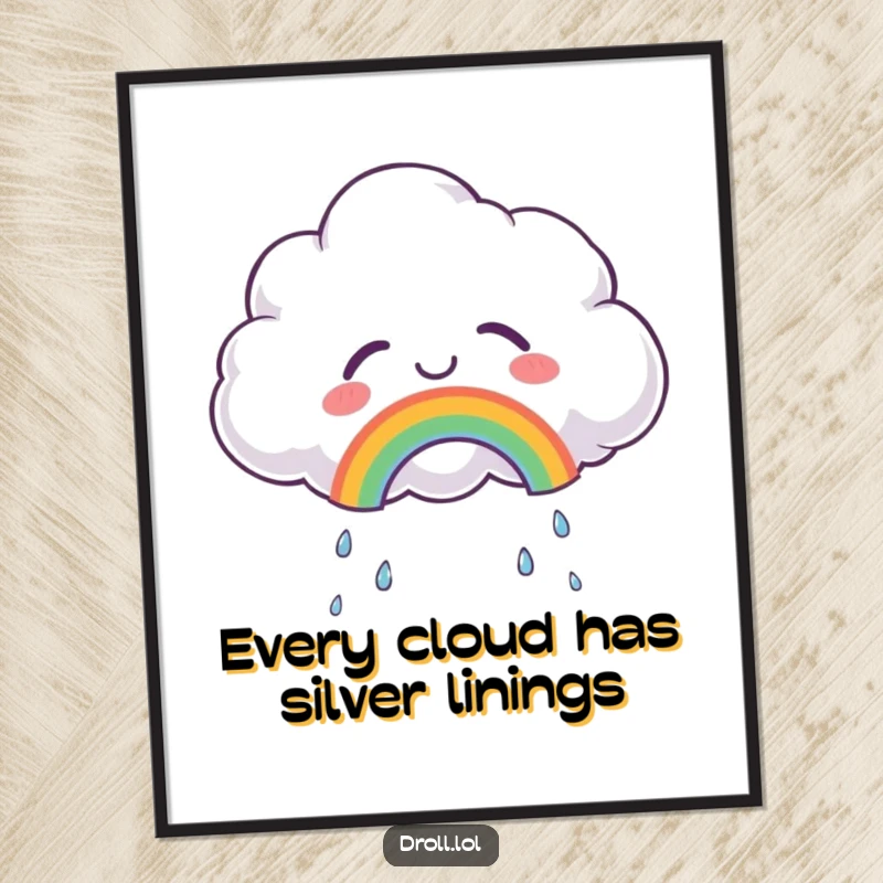 Funny Free Printable Wall Art: A fluffy cloud shedding tears of pure joy, creating a beautiful, small rainbow for whimsical decor.