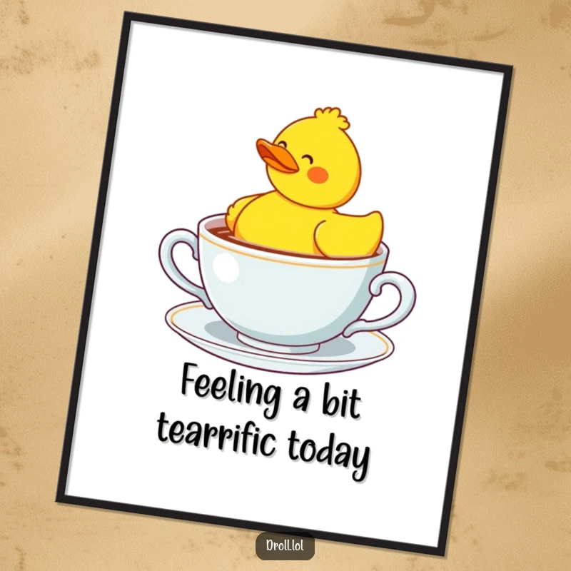 Funny Free Printable Wall Art: A confused rubber duck bobbing in a giant teacup, bringing joy and humor.