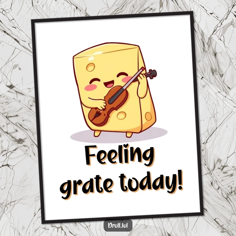 Funny Free Printable Cheese Wedge Wall Art: A smiling cheese wedge plays a tiny violin with one hole.