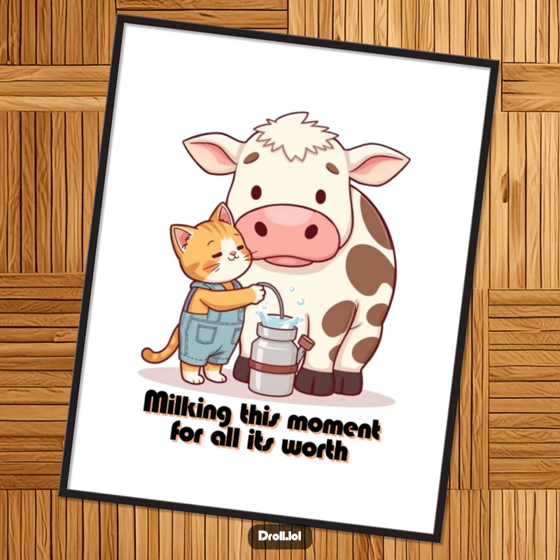 Funny Free Printable Wall Art: Cat in tiny overalls tries to milk a giant, very confused cow. Amusing farm scene.