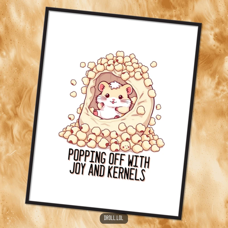 Funny Free Printable Wall Art: Hamster happily surrounded by a giant bag overflowing with popcorn kernels, creating a cozy scene.