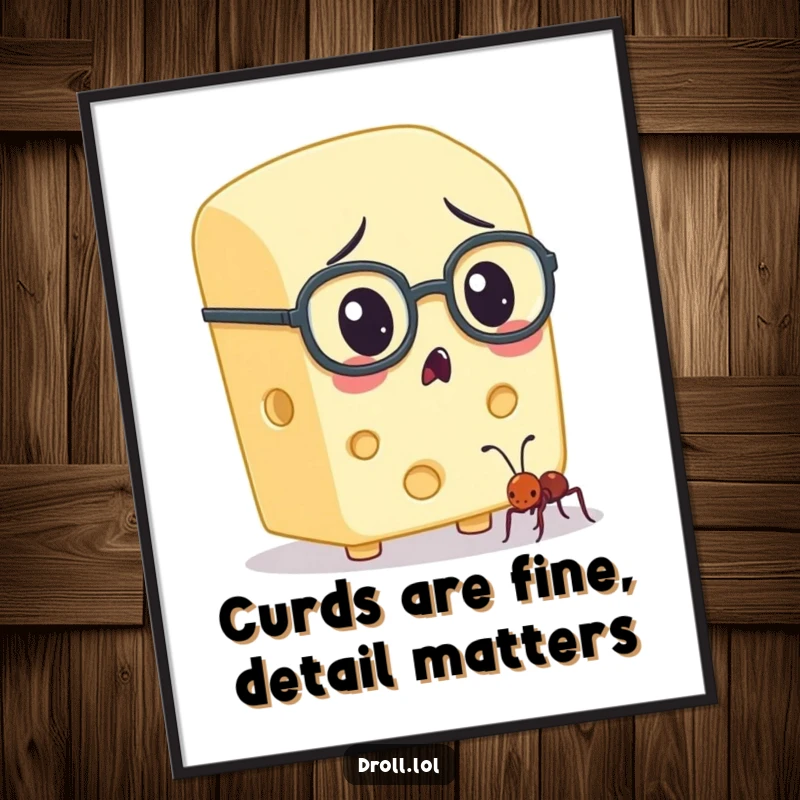 Funny free printable wall art of a cheese character wearing spectacles, looking astonished at a tiny ant.