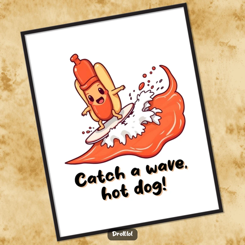 Funny free printable wall art showcasing a hot dog character masterfully surfing a rogue ketchup wave.