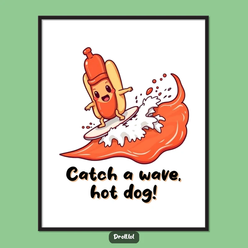 Free Printable Wall Art: Funny Hot Dog Surfing Ketchup Wave, Hilarious Downloadable Art Gift