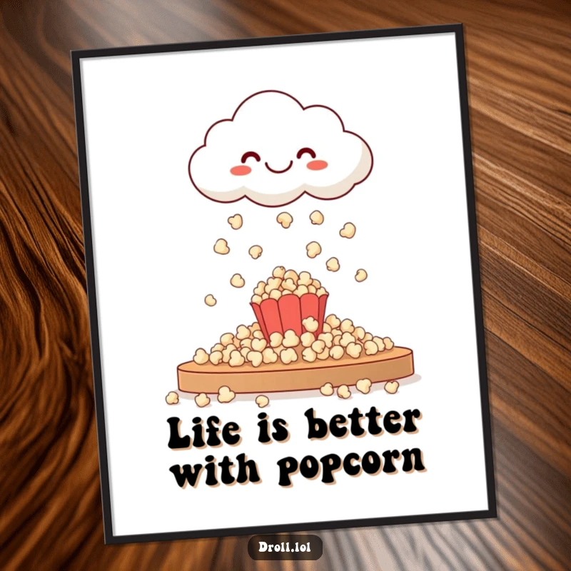 Funny Free Printable Wall Art: Happy cloud raining popcorn onto a table, a humorous and delightful art piece.