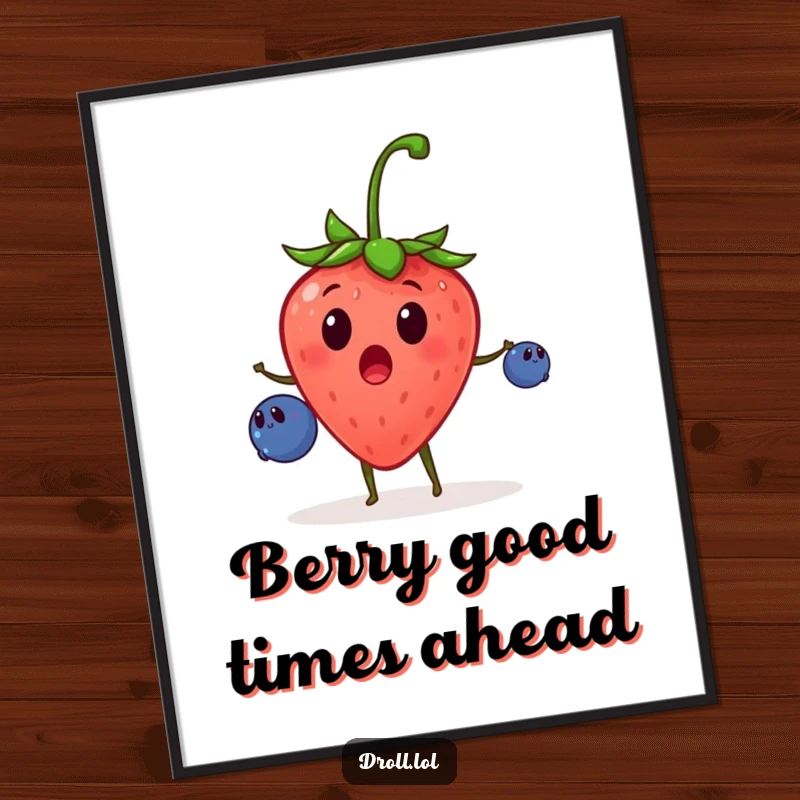 Funny Free Printable Wall Art: A surprised strawberry enthusiastically juggles three small blueberries, creating a cheerful, artistic display.