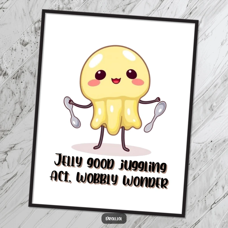 Funny Free Printable Wall Art: A wobbly jelly character tries to juggle three tiny spoons with a comical expression.