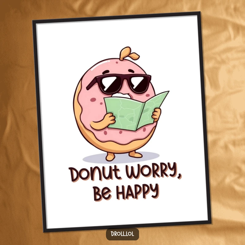 Funny Free Printable Donut Wall Art: A confused donut in sunglasses tries to read a map, adding quirky humor.
