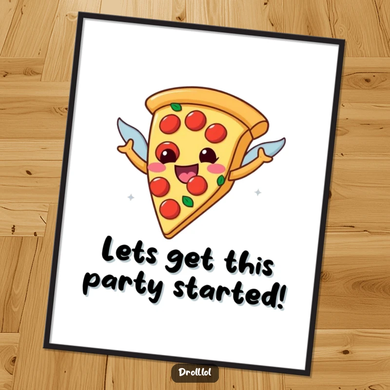 Funny Free Printable Pizza Wall Art: A happy pizza slice with pepperoni wings attempts to fly with joy.