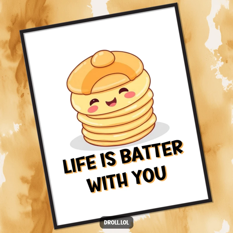 Funny Free Printable Wall Art: A happy pancake character comically tumbles off a breakfast stack, adding playful decor.