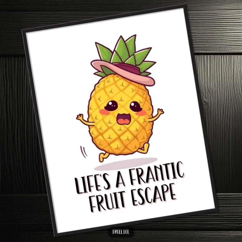 Funny Free Printable Wall Art: A pineapple with panicked eyes and tiny legs dashes away, sporting a jaunty hat.