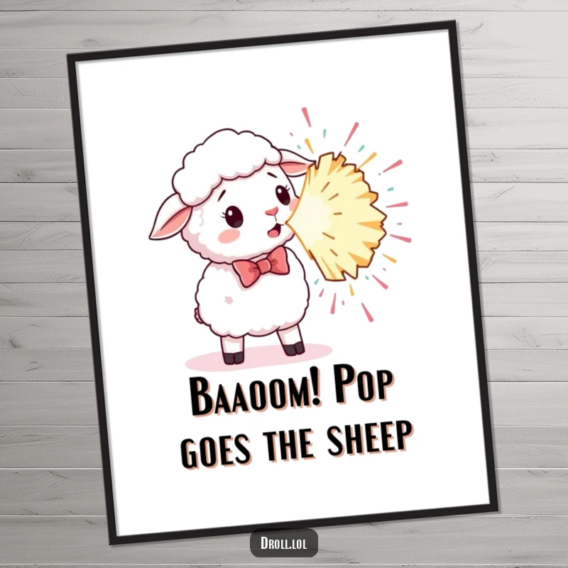 Funny Free Printable Wall Art: A sheep wearing a bowtie jumps back from a giant, exploding party popper.